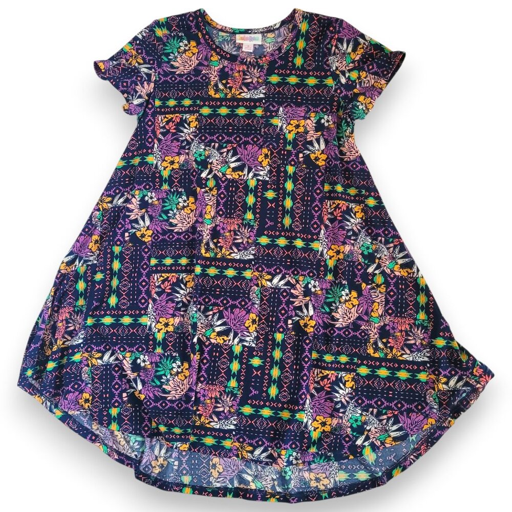 LuLaRoe Girls Mae Dress Size 8 Purple Floral Geometric Print Pocket Swing Dress